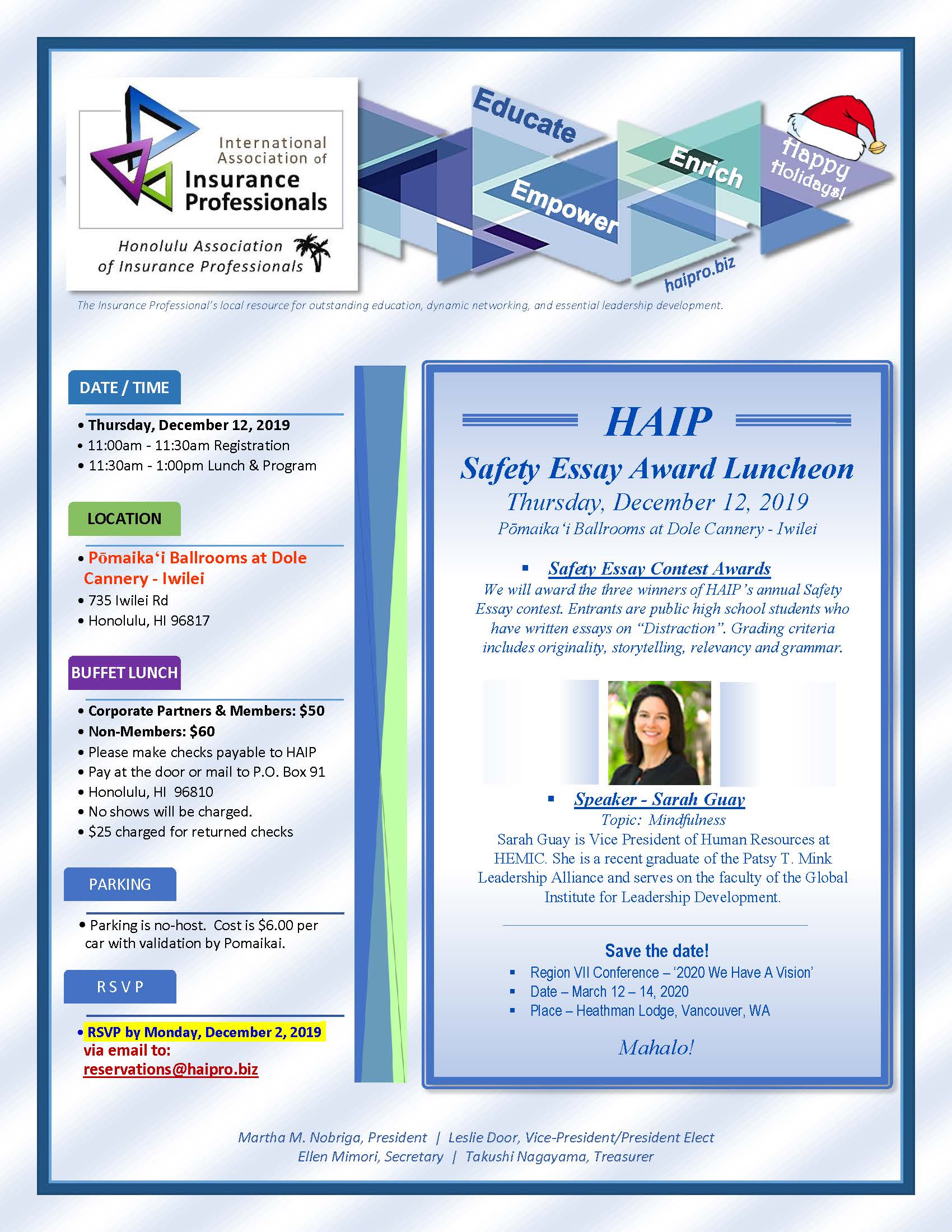 Safety Essay Award Luncheon HONOLULU ASSOCIATION OF INSURANCE PROFESSIONALS